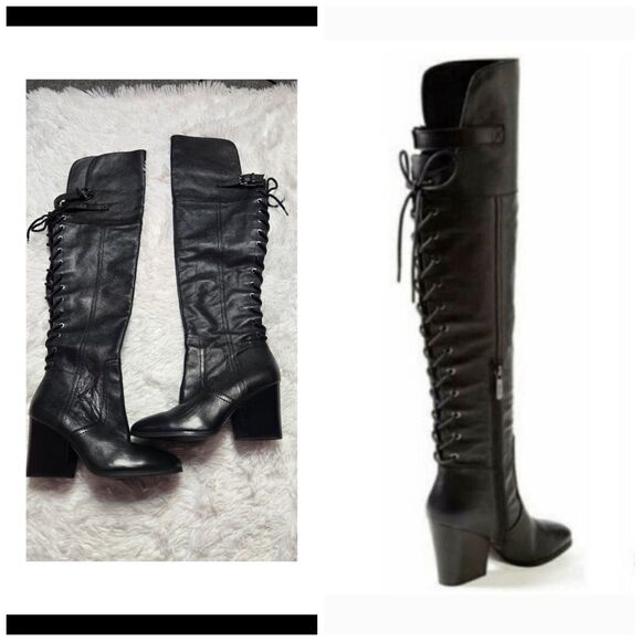 SAM EDELMAN Circus Tatum Black Leather Over The Knee Lace Up Riding Boots Size 9 - Picture 1 of 16